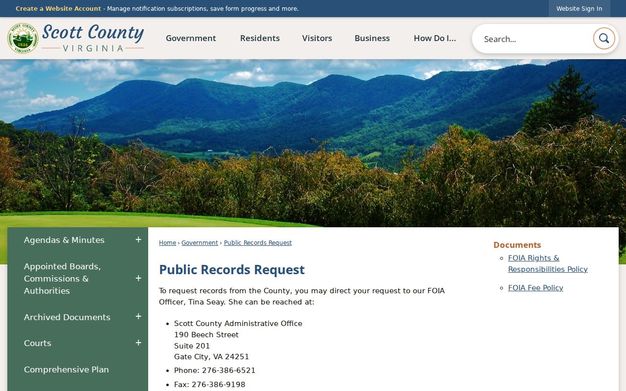 Nickelsville warrant records request route, Scott County FOIA officer and request instructions