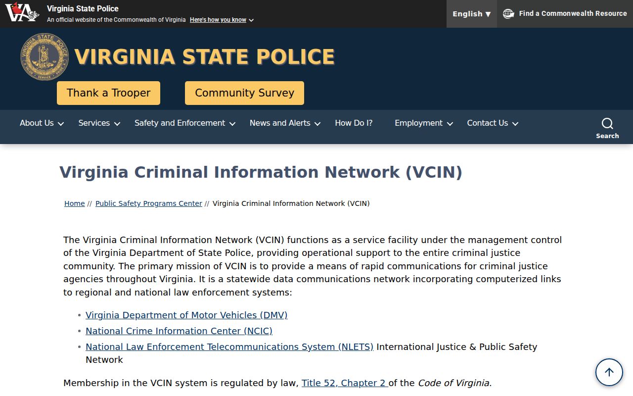 Scott County warrant check context, Virginia Criminal Information Network access limits