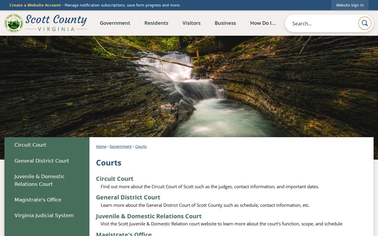 Scott County warrant records court map for Circuit, General District, JDR, and Magistrate offices